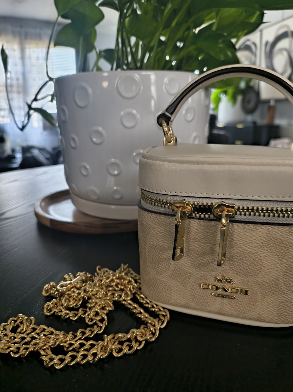 Coach Beige and Cream Mini Ava Vanity Crossbody with Gold Chain